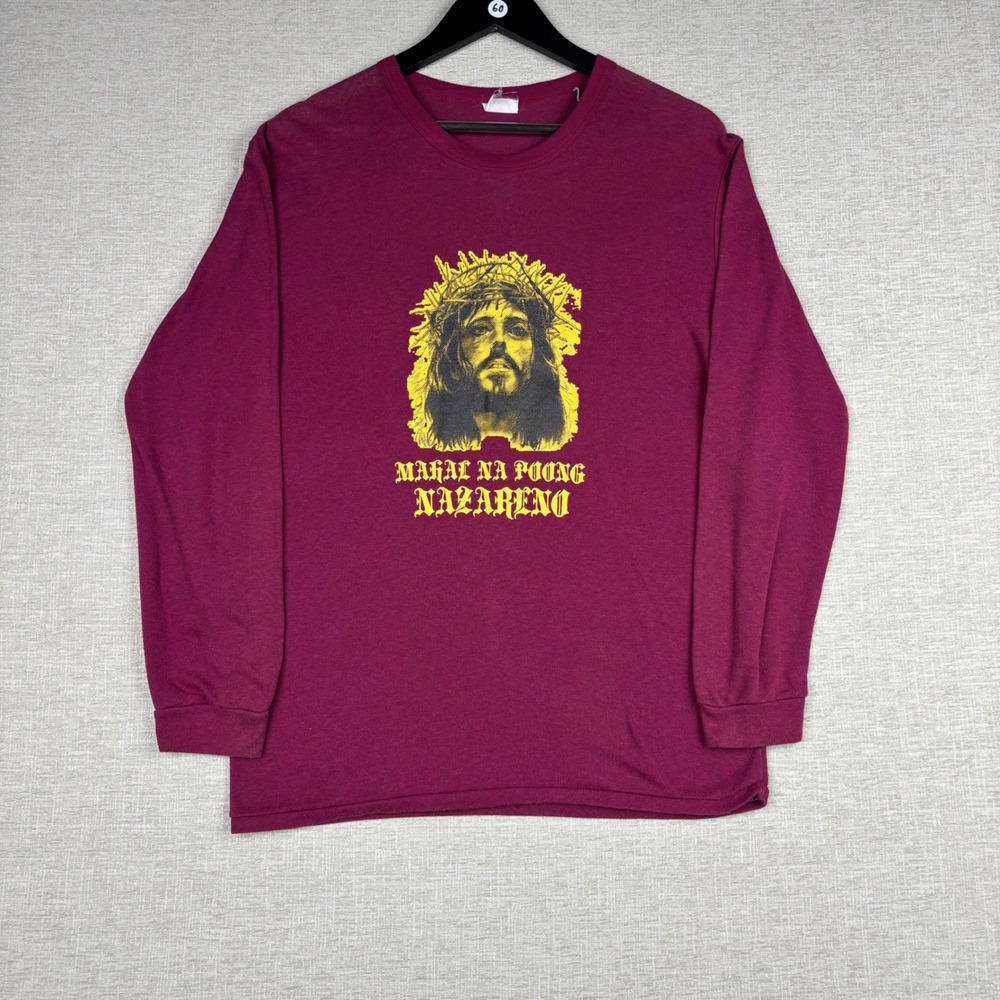 Y2K Mahal Na Poong Nazareno Graphic Long Sleeve Maroon Mens Medium Filipino